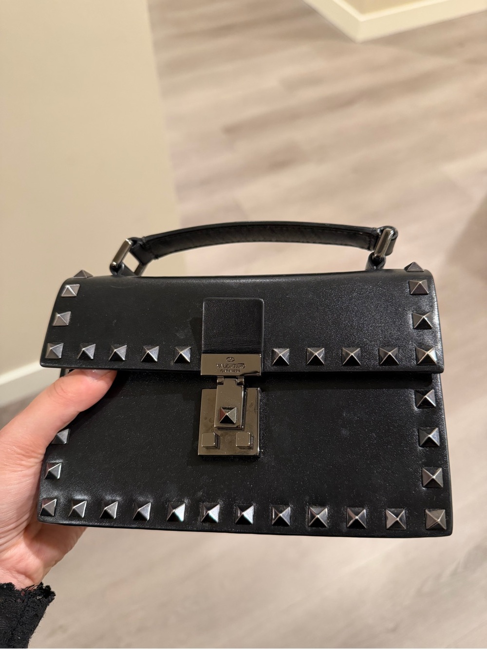 Valentino Black Leather Mini Top-Handle Bag with Gunmetal Studs